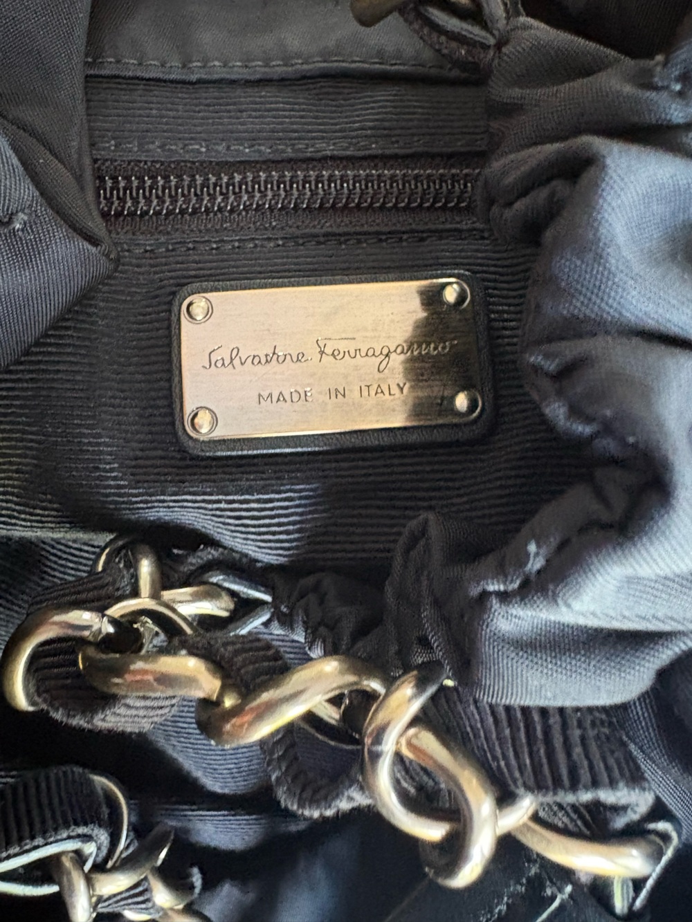 Salvatore Ferragamo Black Nylon Shoulder Bag with Chain-Detail Handles - Picture 10 of 13